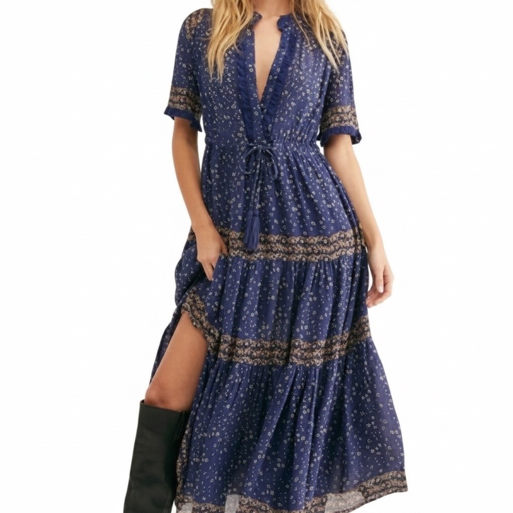 Free People Navy Blue Floral Maxi Dress with Brown Trim